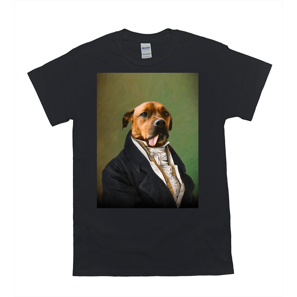 Black Gildan t-shirt with a personalized portrait of a dog in a vintage suit against a green background.