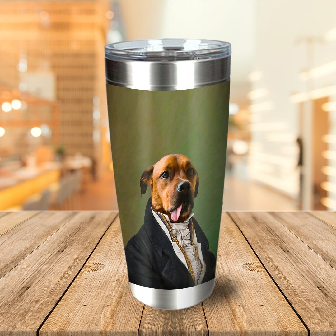 Personalized stainless steel tumbler with a custom renaissance-style portrait of a dog in a suit.