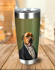 Personalized stainless steel tumbler with a custom renaissance-style portrait of a dog in a suit.