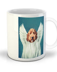 White ceramic mug with a personalized Angel Goldendoodle pet portrait on a teal background.