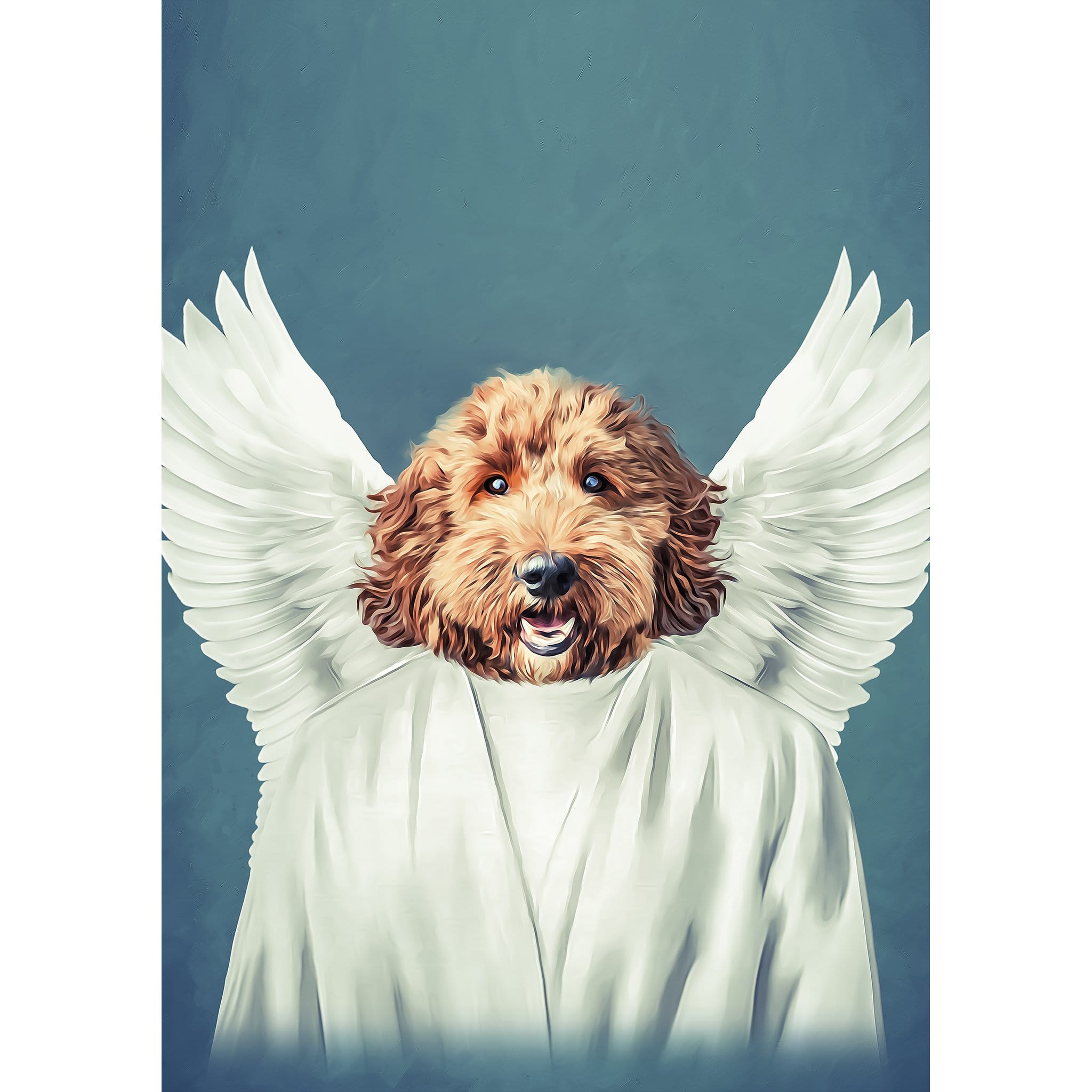 Custom digital portrait of a golden doodle dog with white angel wings and robe against a blue background.