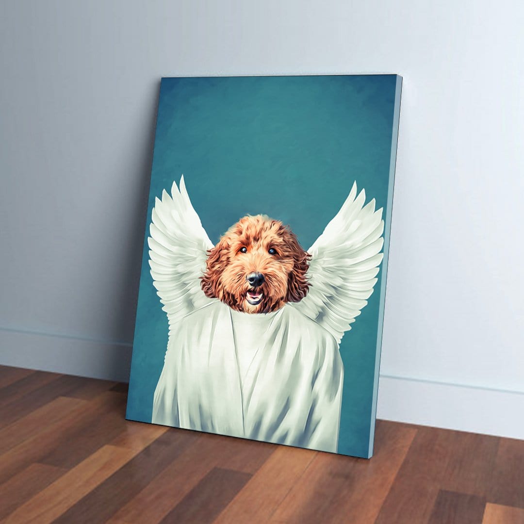 Personalized pet canvas featuring a golden doodle with white angel wings and robe on a teal background.