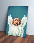 Personalized pet canvas featuring a golden doodle with white angel wings and robe on a teal background.