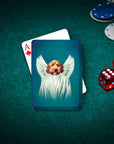 Custom pet portrait playing cards featuring a dog with angel wings on a green poker table.