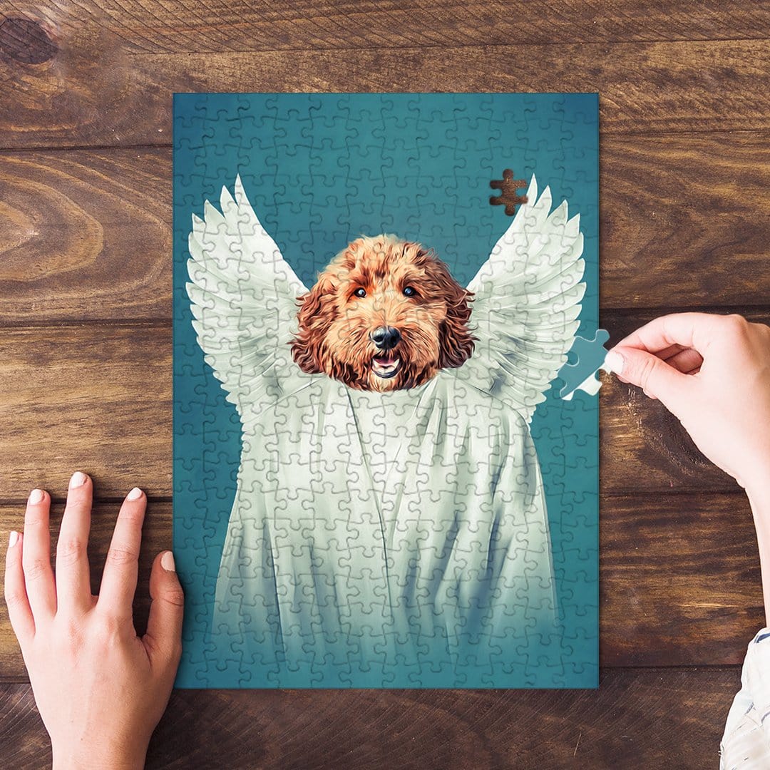 Personalized pet puzzle featuring a golden doodle as an angel, with a hand placing a piece.