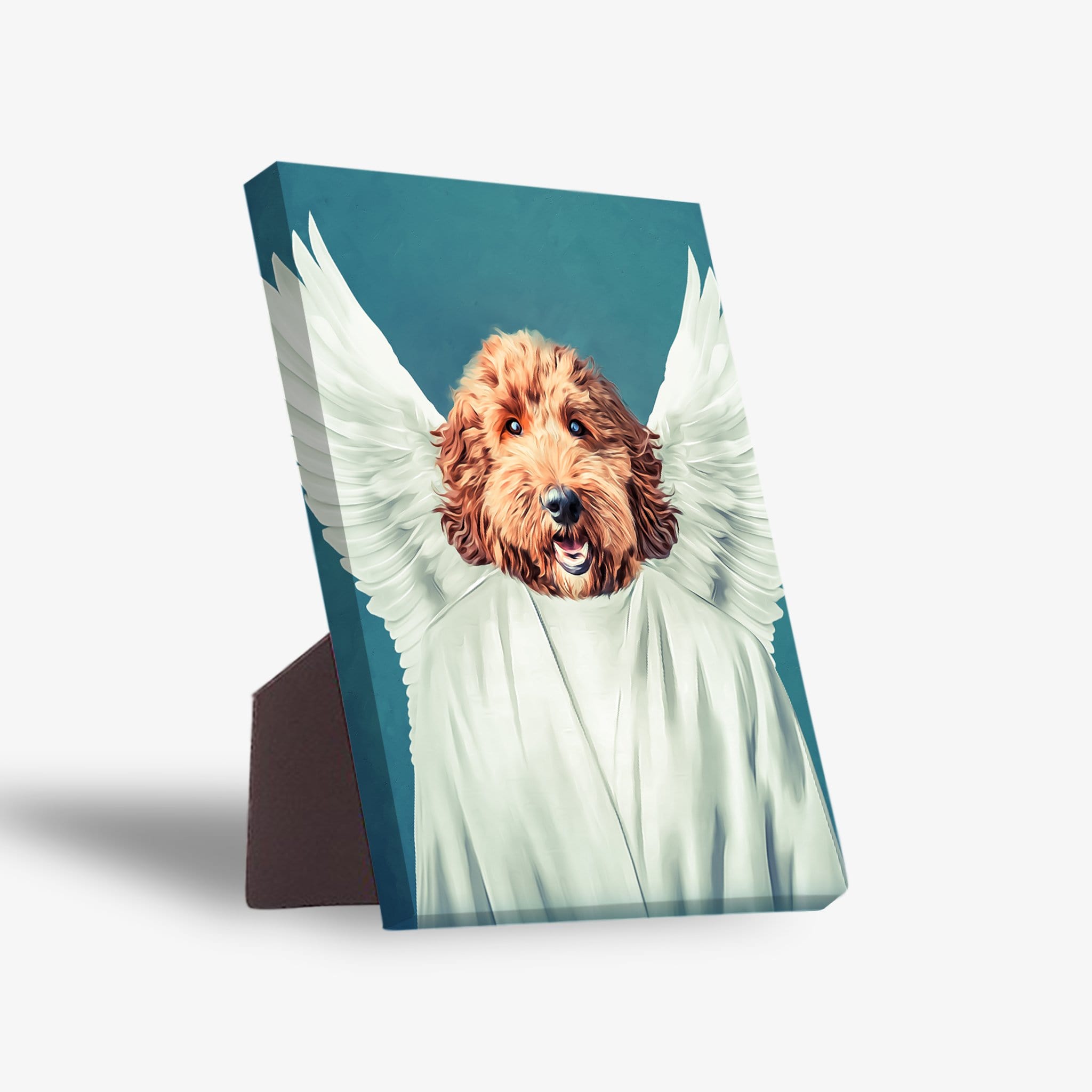 Personalized pet standing canvas featuring a golden doodle with white angel wings and robe on a teal background.