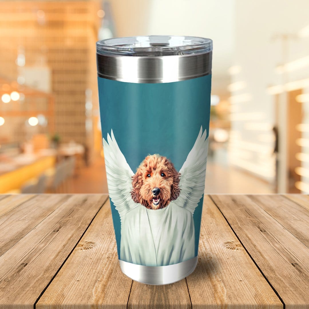 Personalized stainless steel tumbler with a custom pet portrait of a goldendoodle as an angel.