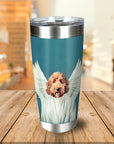 Personalized stainless steel tumbler with a custom pet portrait of a goldendoodle as an angel.