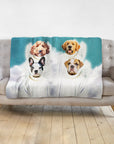 Personalized 4-pet angel portrait blanket featuring a Golden Retriever, Doodle, French Bulldog, and English Bulldog.