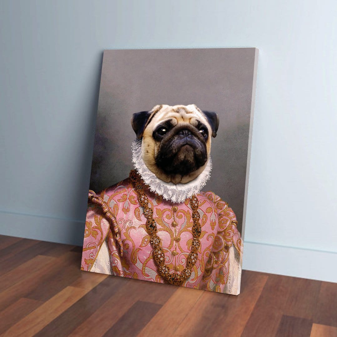 Custom pet canvas: a pug in a pink, ornate Archduchess gown with a white ruffled collar and gold necklace.