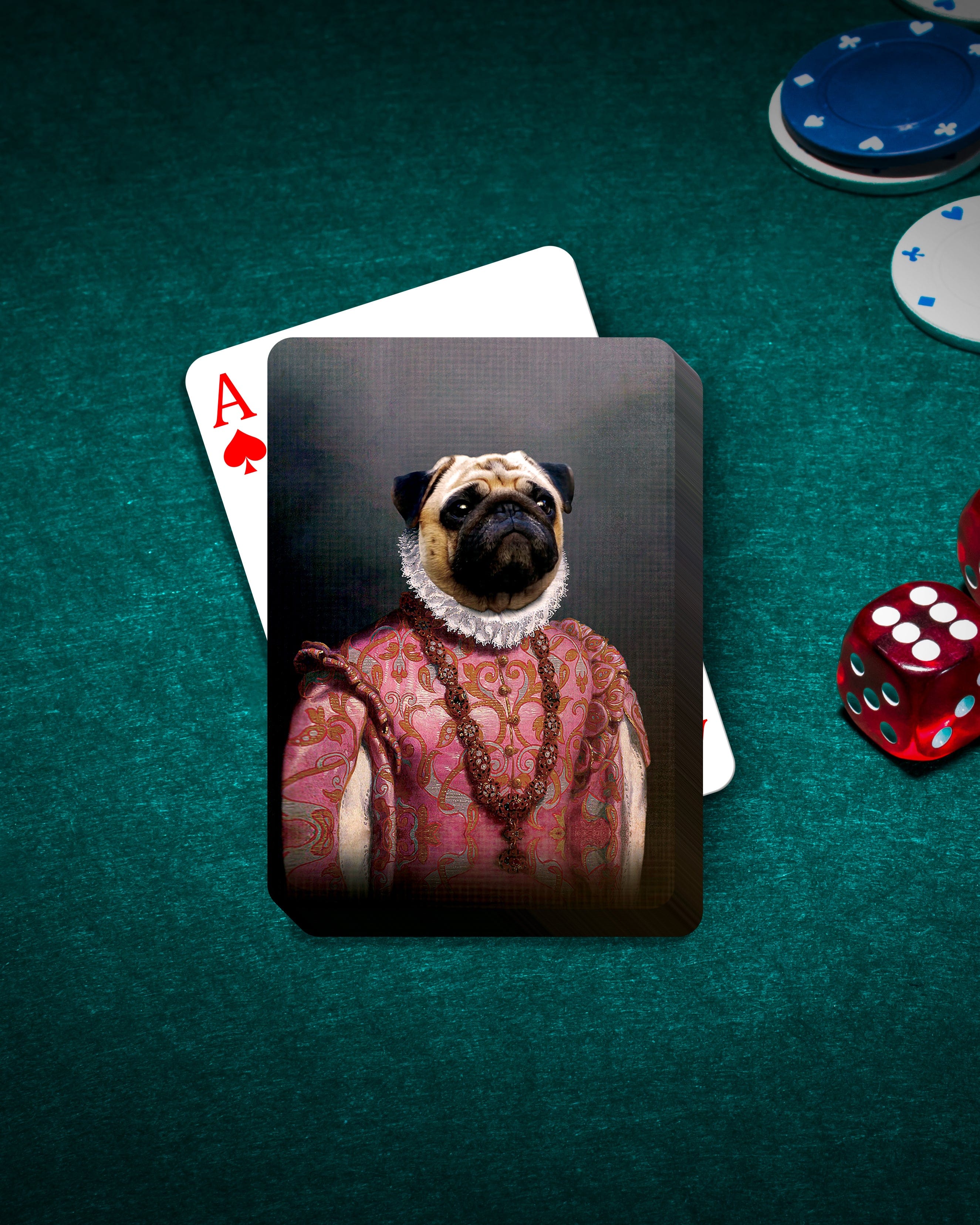 Custom personalized playing cards featuring a pug in a renaissance royal portrait on a green felt table.