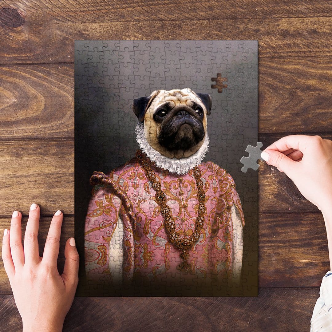 Personalized 'Archduchess' pet puzzle featuring a pug in a pink renaissance portrait.