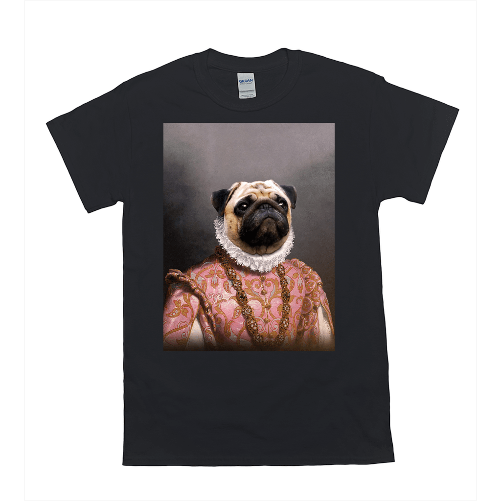 Black Gildan t-shirt featuring a pug in a pink, ornate "Archduchess" costume with a white ruffled collar.