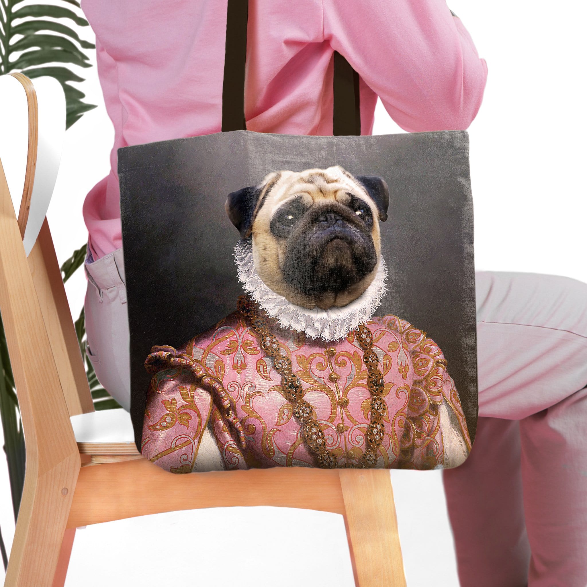 Personalized tote bag with a custom renaissance royal portrait of a pug dog.