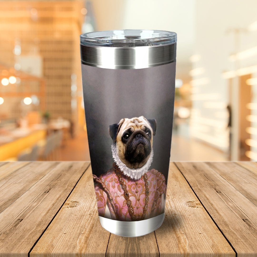 Personalized stainless steel tumbler with a royal renaissance portrait of a pug dog.