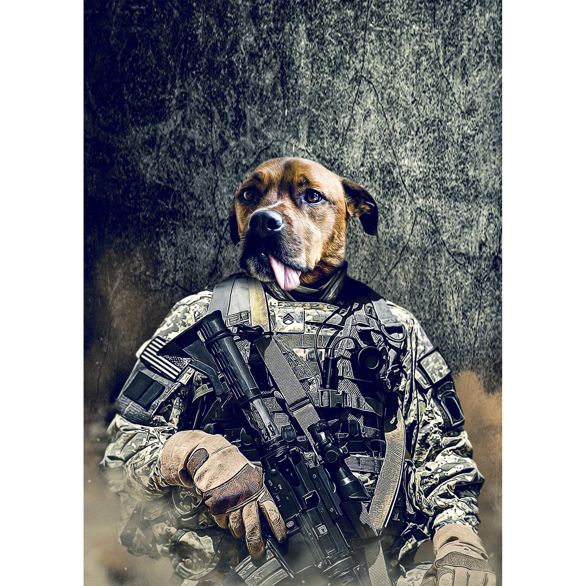 Custom digital portrait of a dog's head on an Army veteran in camouflage uniform holding a rifle.