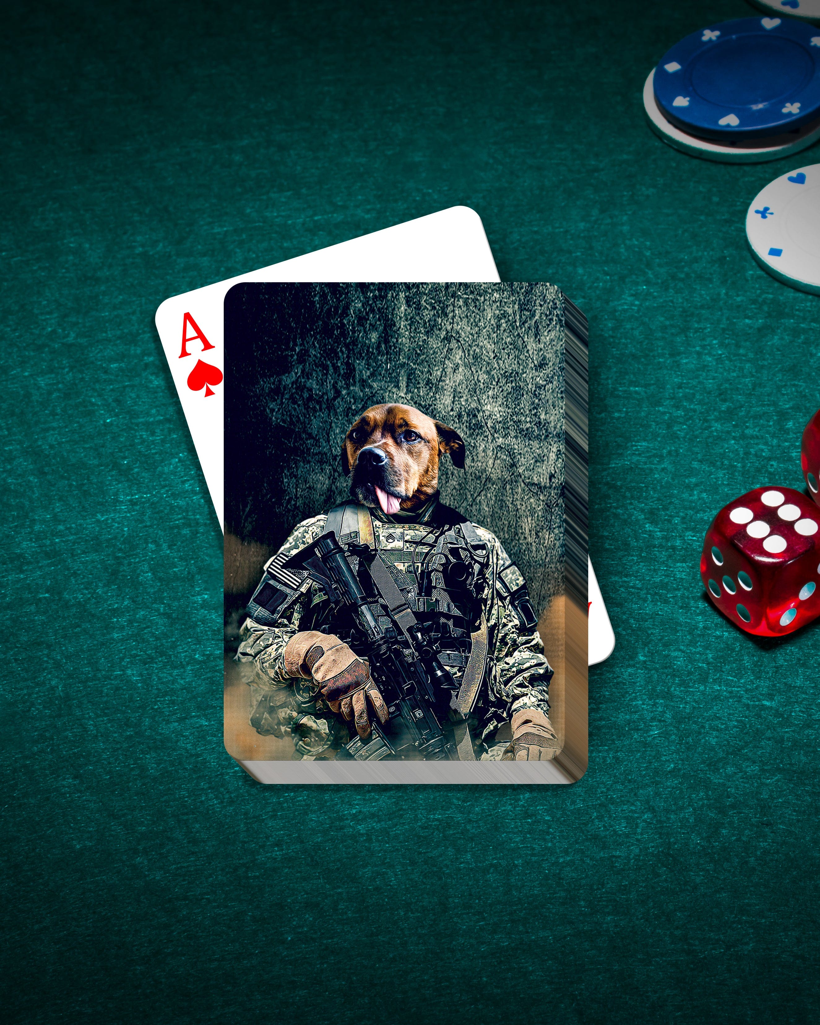 Personalized playing cards featuring a dog's head on an Army veteran's body in camouflage, on a green felt table.