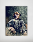 Personalized pet poster featuring a dog's head on an Army veteran in camouflage holding a rifle.