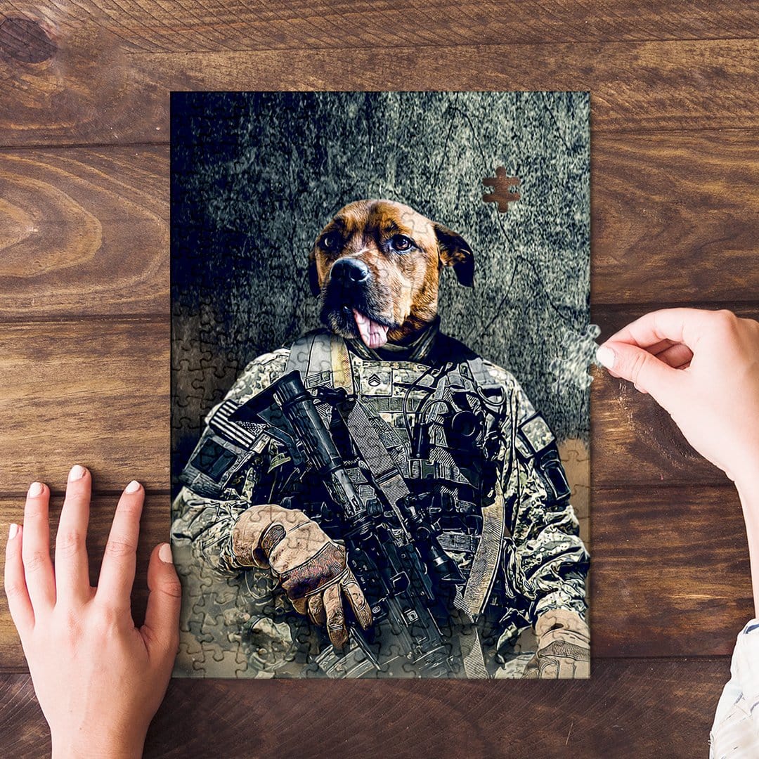 Personalized pet puzzle featuring a dog's head on an Army veteran's body in camouflage uniform.