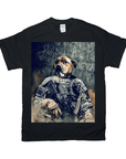 Black Gildan t-shirt with a personalized graphic of a dog's head on a soldier's body in camouflage.