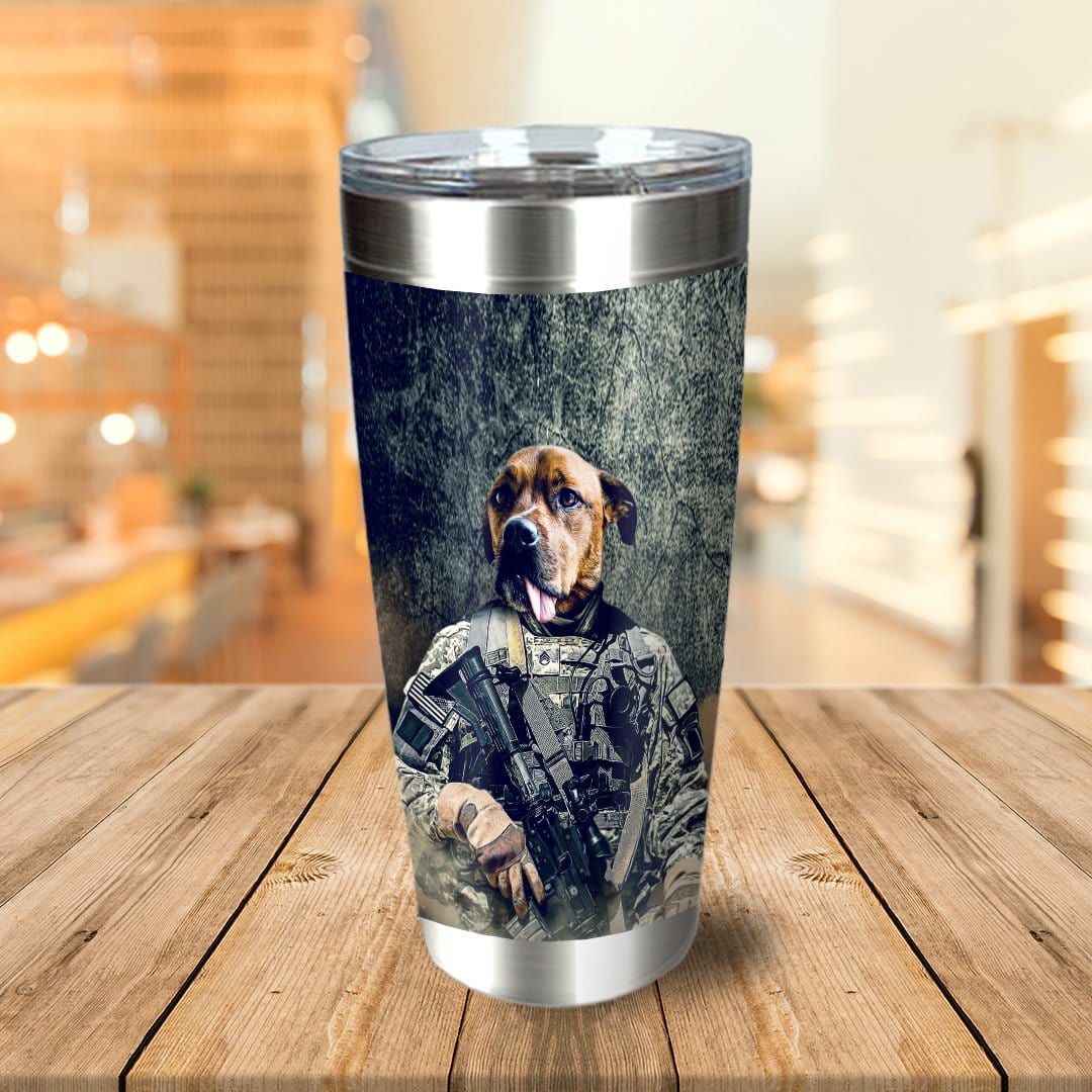 Personalized stainless steel tumbler with a dog's head on a soldier's body in military camouflage.