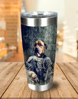 Personalized stainless steel tumbler with a dog's head on a soldier's body in military camouflage.