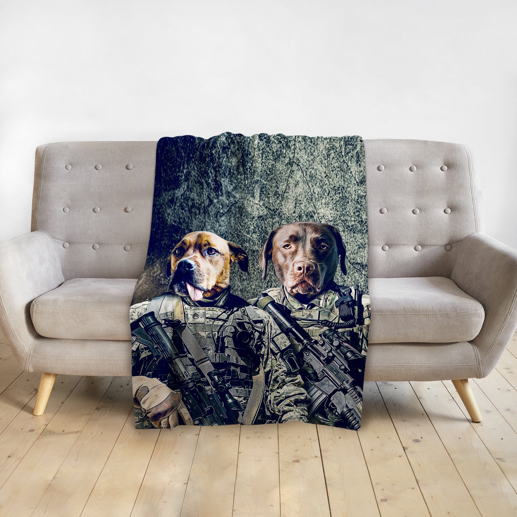 Personalized 2 pet blanket with dogs in military 'Army Veterans' renaissance style portraits.