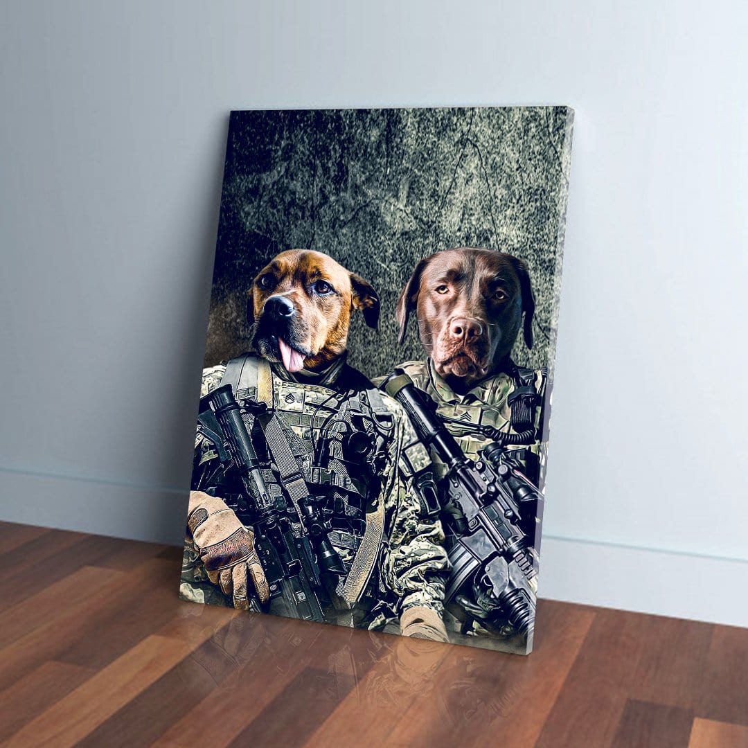 Personalized canvas featuring two dogs dressed as army veterans with rifles, leaning against a wall.