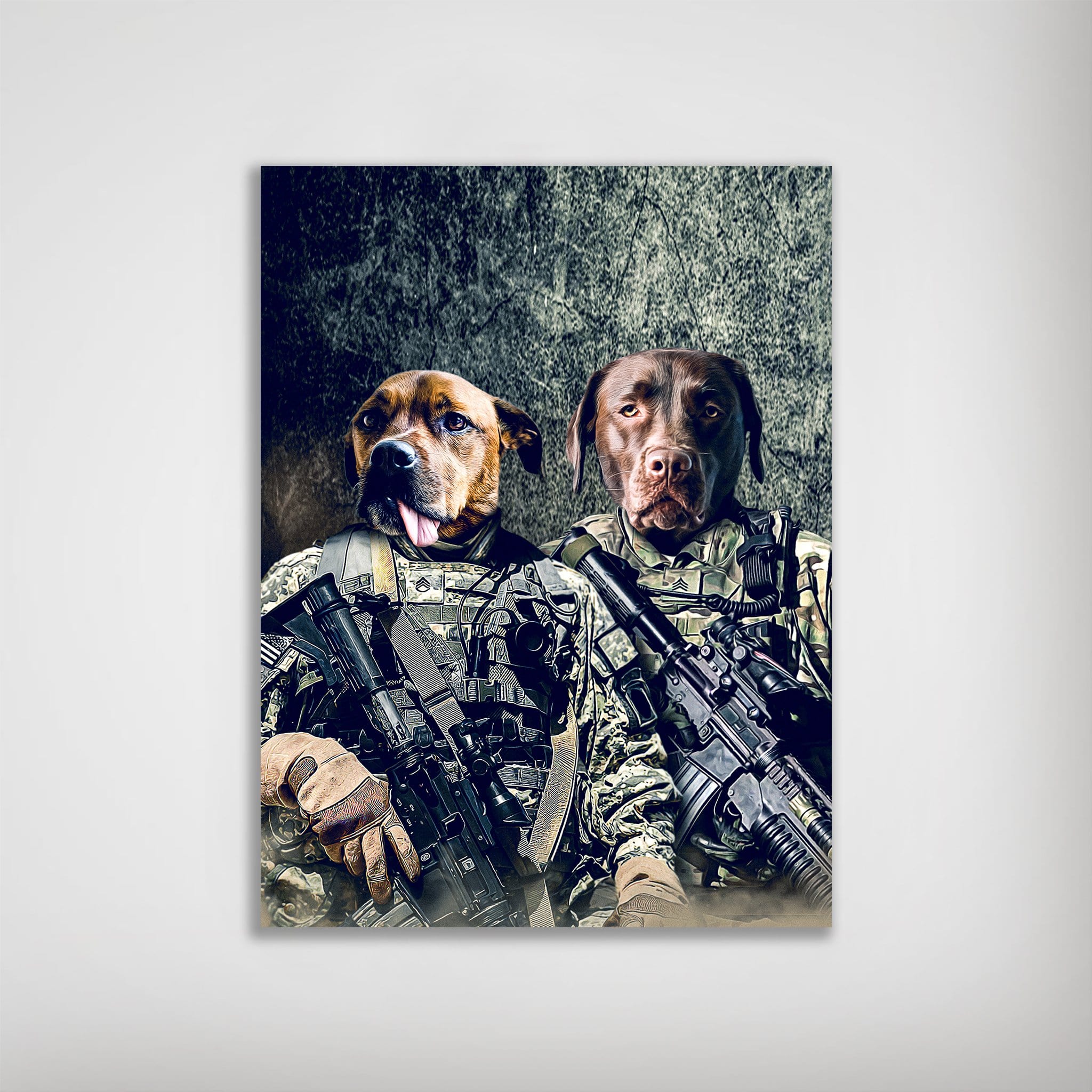 Personalized matte poster featuring two dogs as Army Veterans in camouflage, holding rifles.