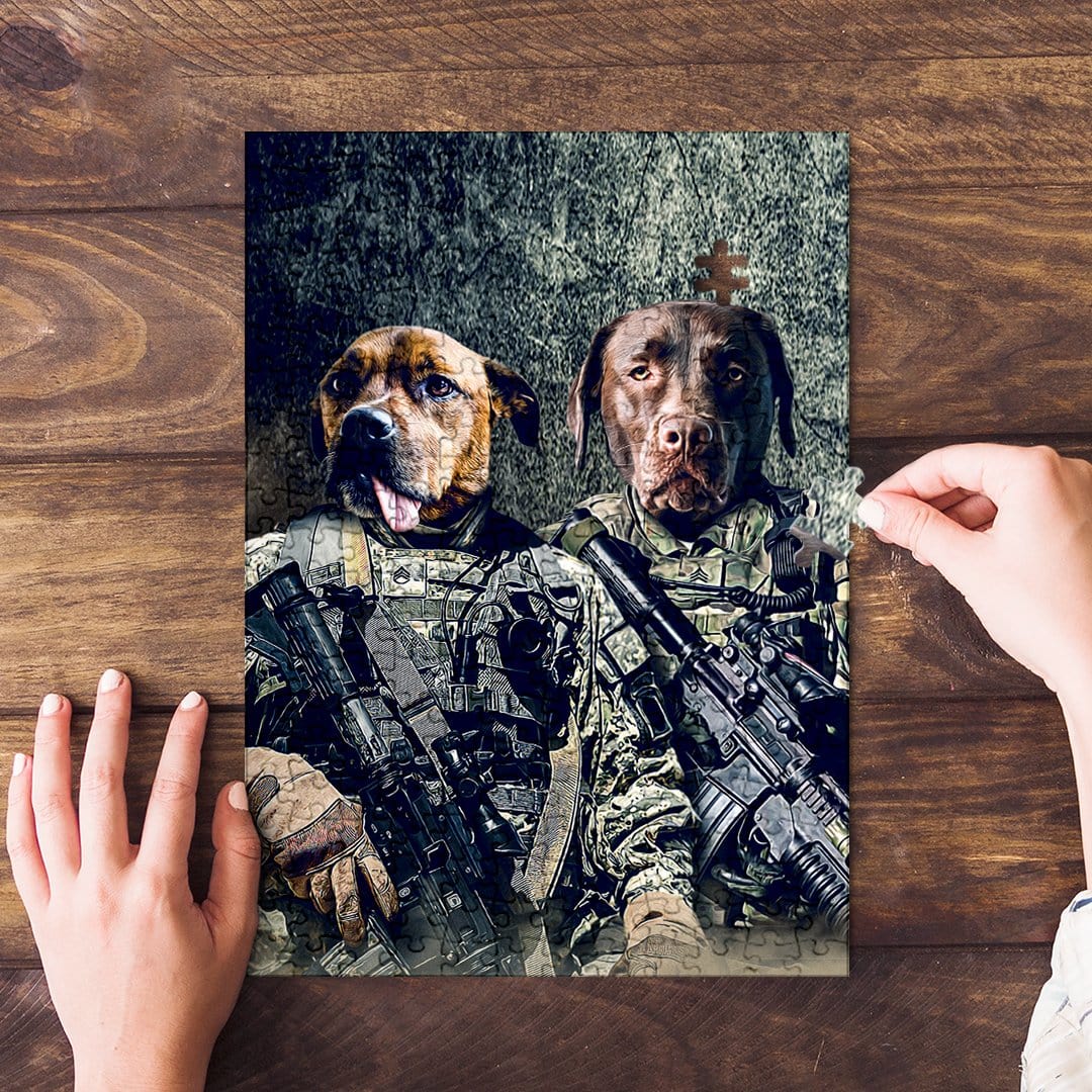 Personalized 2-pet puzzle featuring two dogs in military "Army Veterans" uniforms.