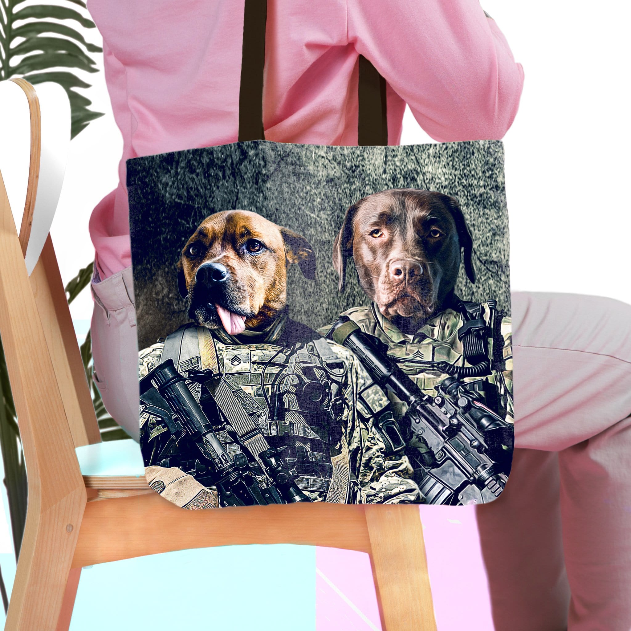 Personalized 2-pet Army Veterans tote bag featuring custom dog portraits in military uniforms.