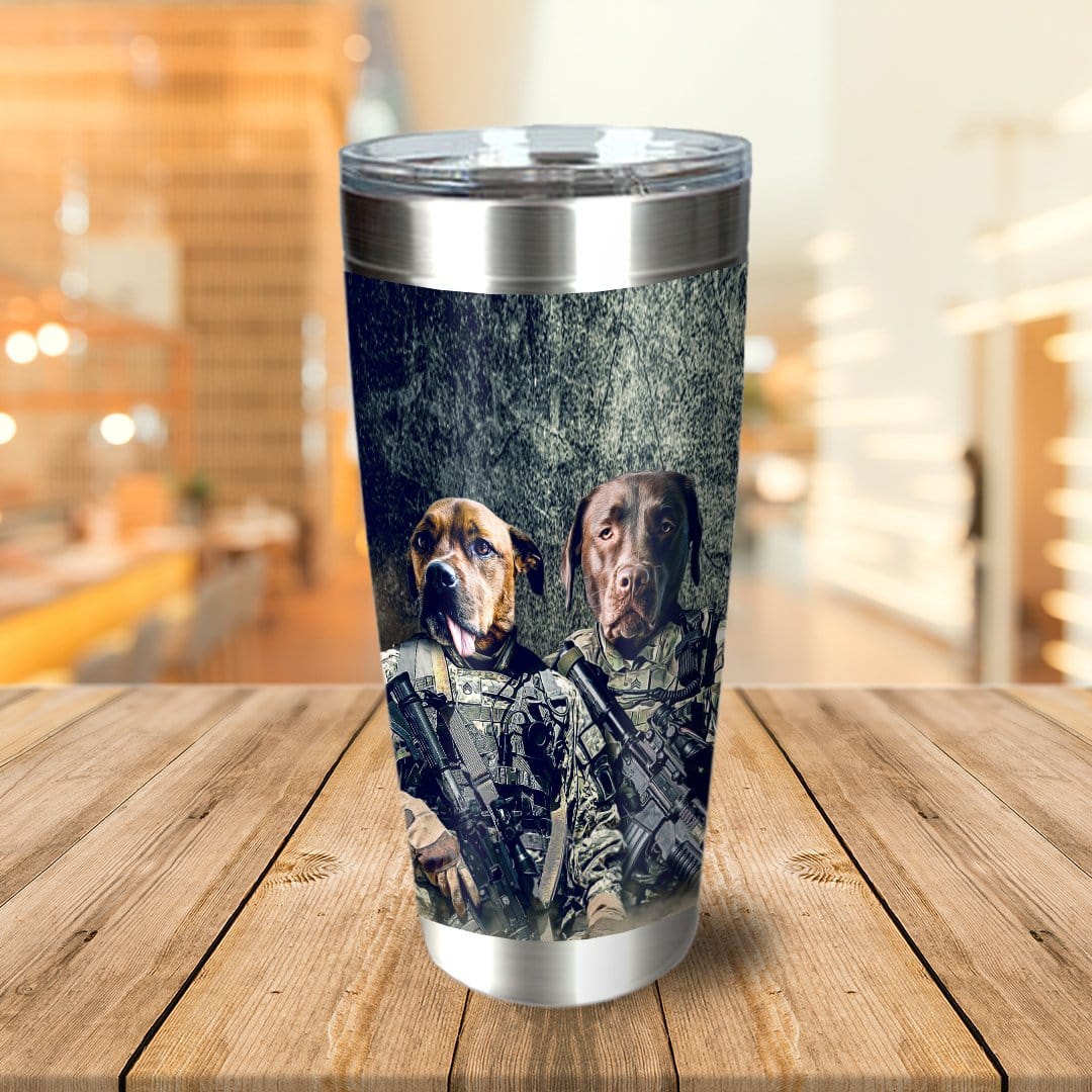 Personalized stainless steel tumbler with two dogs in military uniform portraits.
