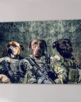 Personalized 3-pet canvas featuring dogs in army veteran uniforms with rifles against a distressed background.