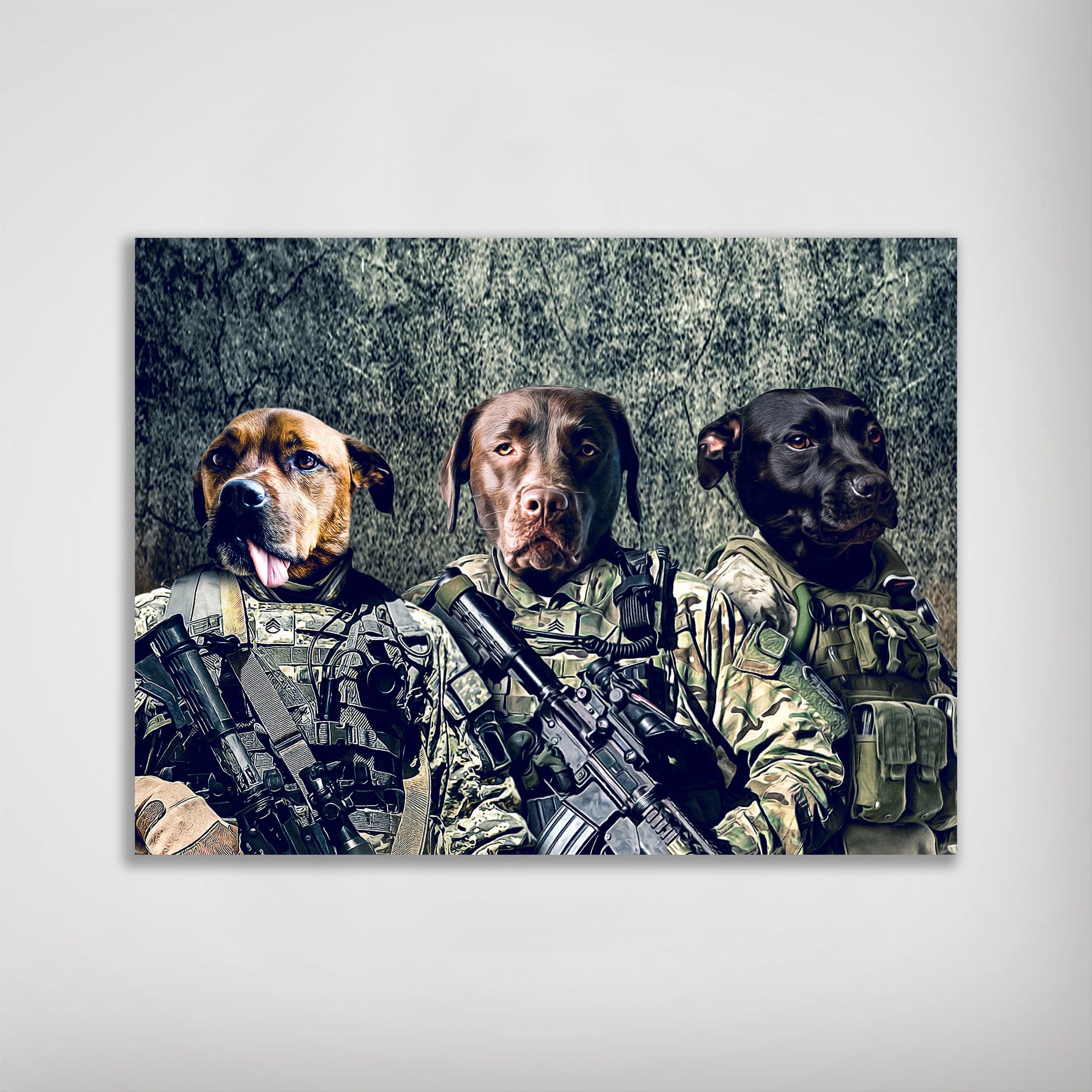 Personalized 'Army Veterans' poster featuring three dogs in military uniforms with tactical gear.