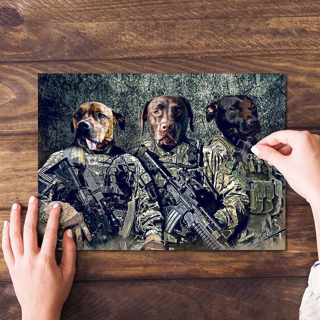 Personalized 3-pet puzzle featuring dogs in military uniforms, with a hand placing a piece.