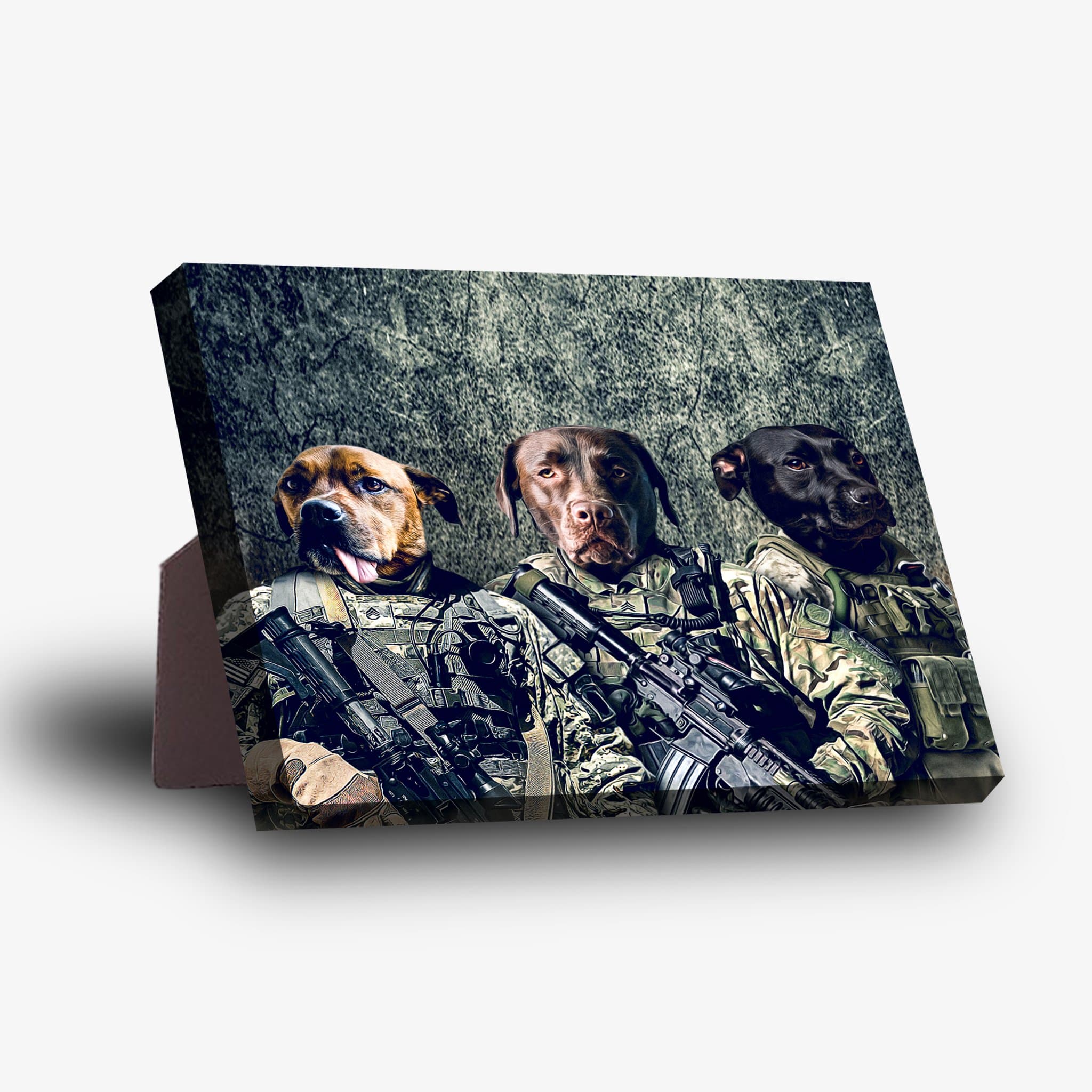 Personalized 3-pet standing canvas featuring dogs in military uniforms with rifles against a textured background.
