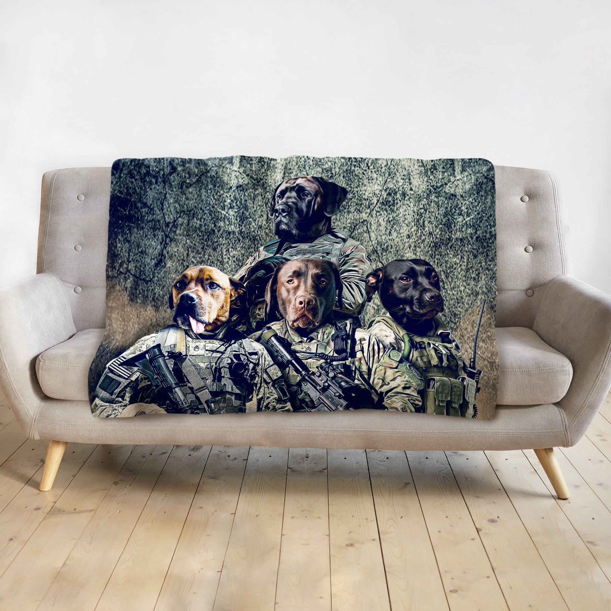 Personalized 4-pet blanket featuring dogs in military uniforms on a beige sofa.