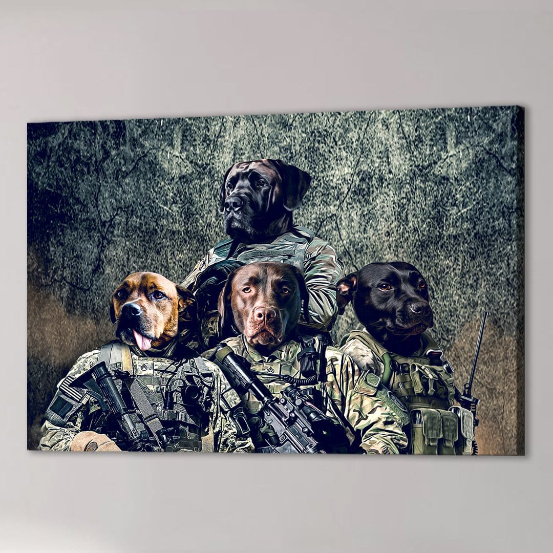 Personalized canvas print featuring four dogs dressed in military camouflage uniforms against a textured gray wall.