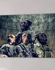 Personalized canvas print featuring four dogs dressed in military camouflage uniforms against a textured gray wall.