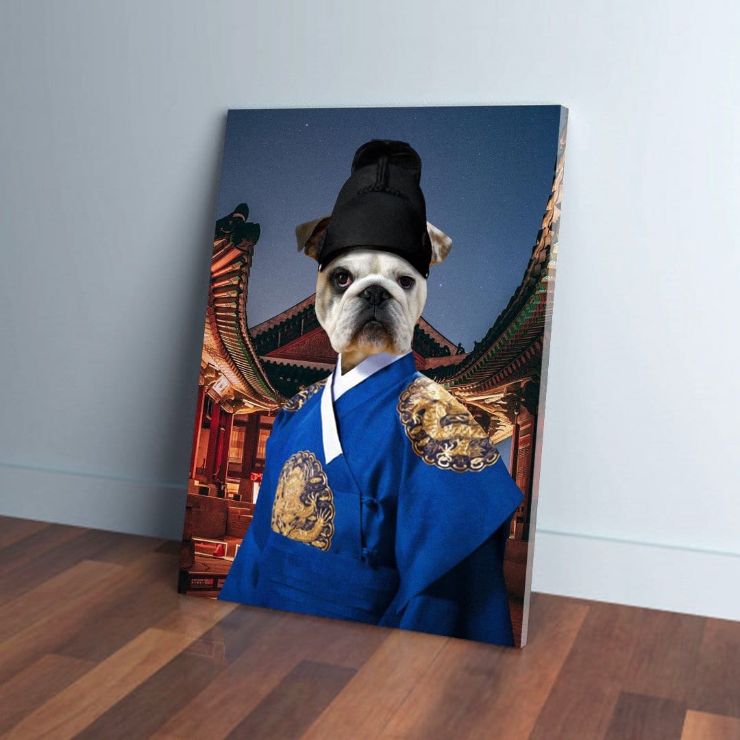 Custom pet canvas: a bulldog in a blue Asian Emperor robe with gold details, against a temple backdrop.