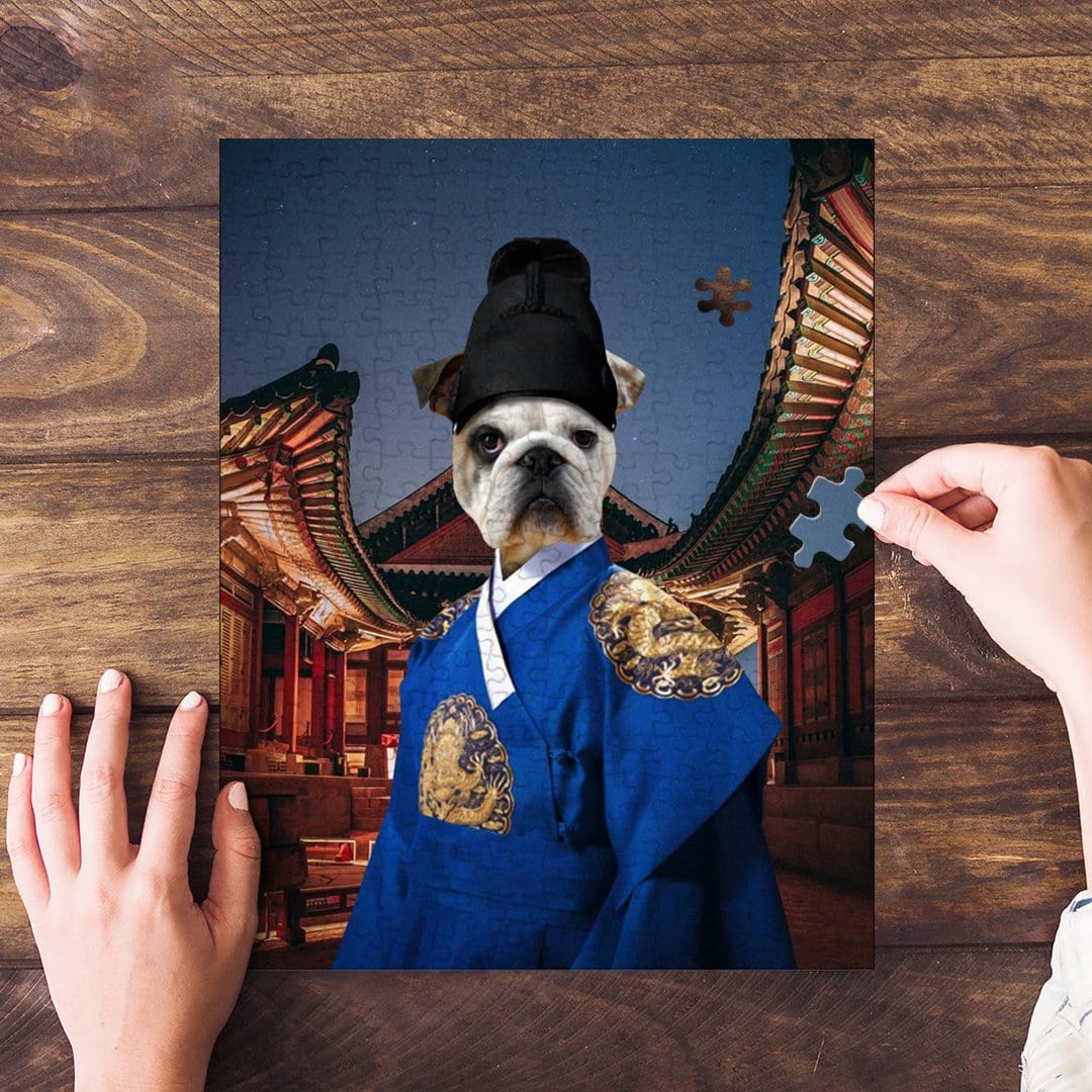Personalized pet puzzle featuring a bulldog in a blue Asian Emperor costume, set against a temple backdrop.