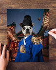 Personalized pet puzzle featuring a bulldog in a blue Asian Emperor costume, set against a temple backdrop.