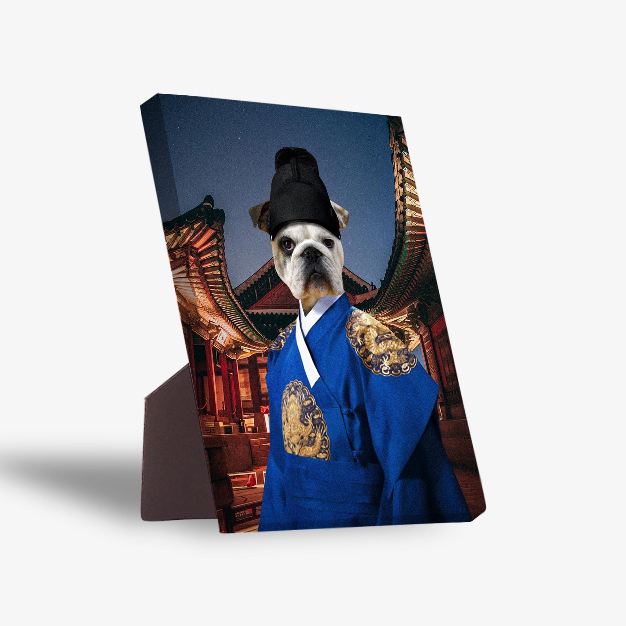 Personalized pet standing canvas featuring a bulldog in a blue Asian Emperor robe and black hat, against a temple background.