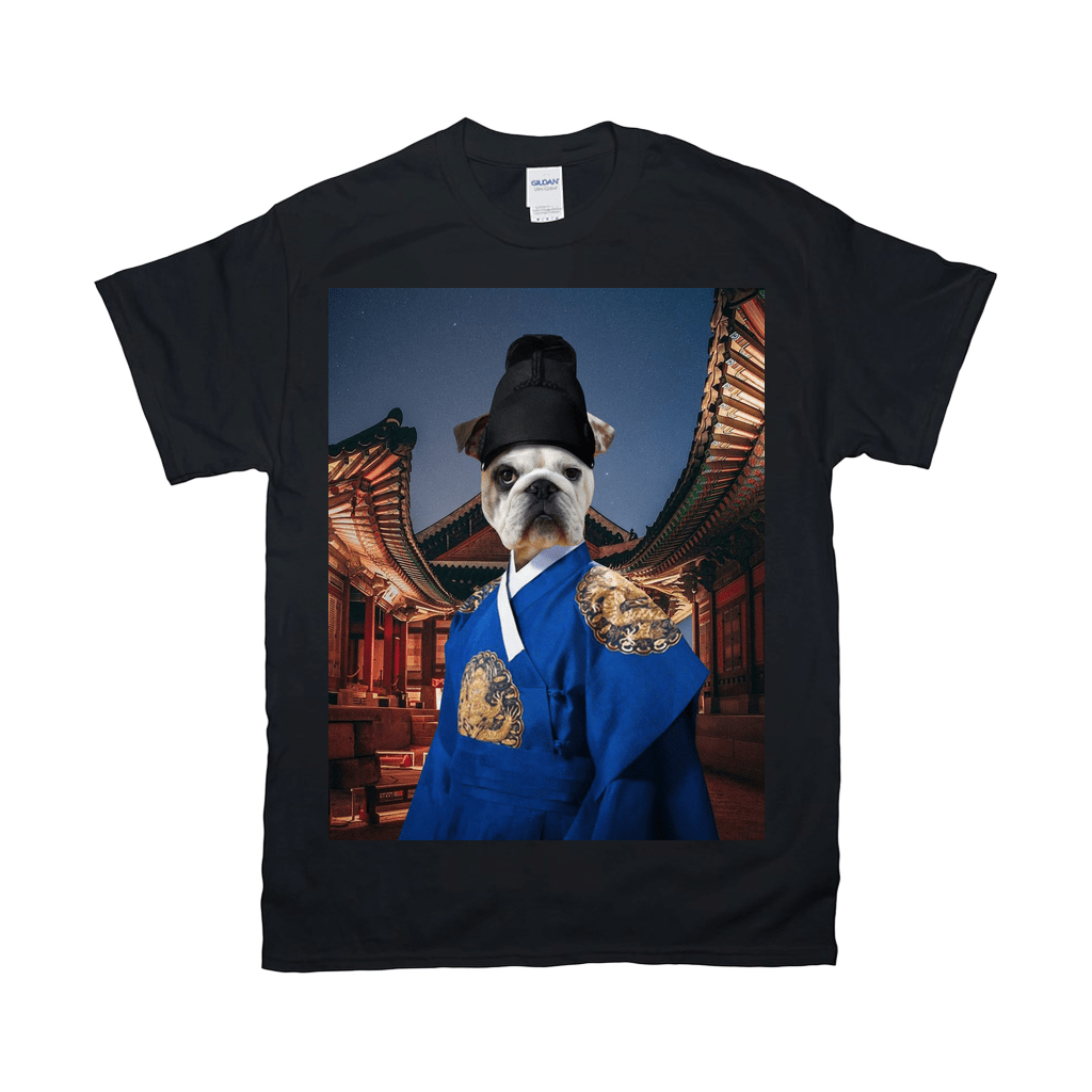 Black Gildan t-shirt featuring a bulldog in a blue Korean emperor costume with a traditional building background.