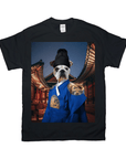 Black Gildan t-shirt featuring a bulldog in a blue Korean emperor costume with a traditional building background.