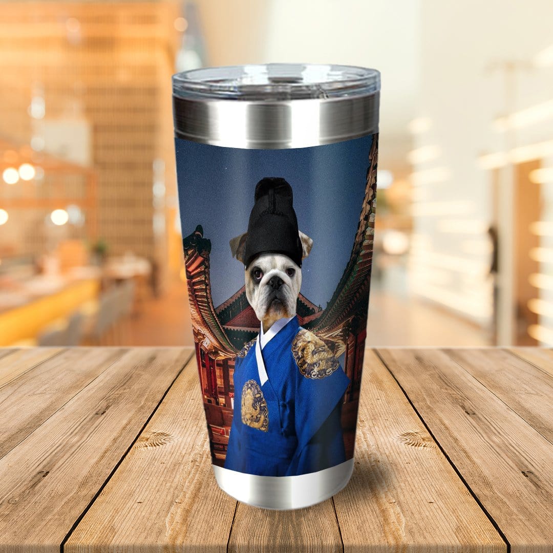 Personalized stainless steel tumbler with a bulldog pet portrait in Asian Emperor attire.