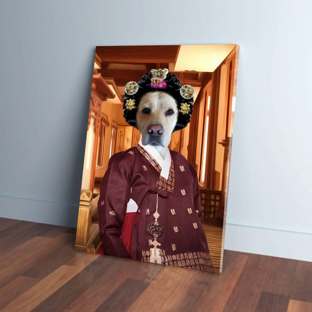 Custom pet canvas featuring a yellow lab in a red Asian Empress hanbok and ornate black wig.