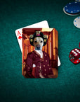 Custom 'Asian Empress' personalized playing card featuring a dog in traditional Korean attire on a green felt table.