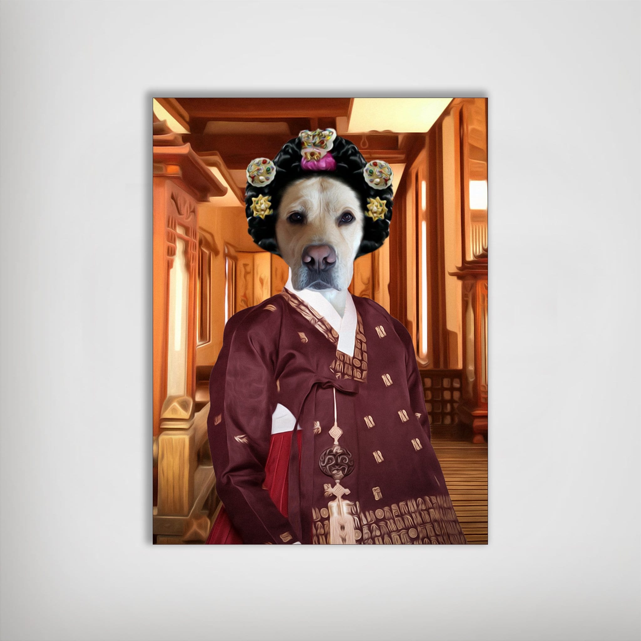 Personalized pet poster featuring a dog in a red Asian Empress hanbok with a traditional headdress.