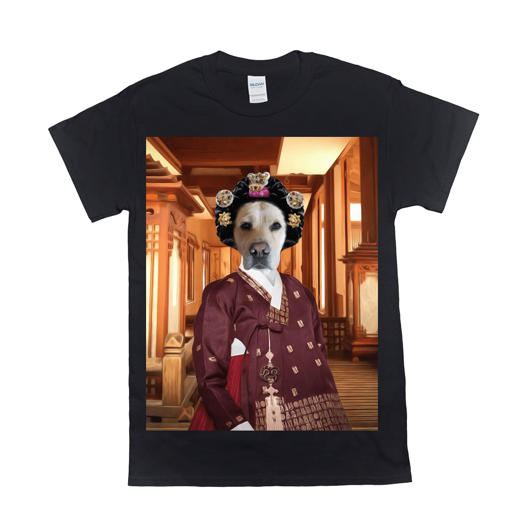 Black Gildan t-shirt featuring a personalized portrait of a dog in a traditional Korean hanbok.